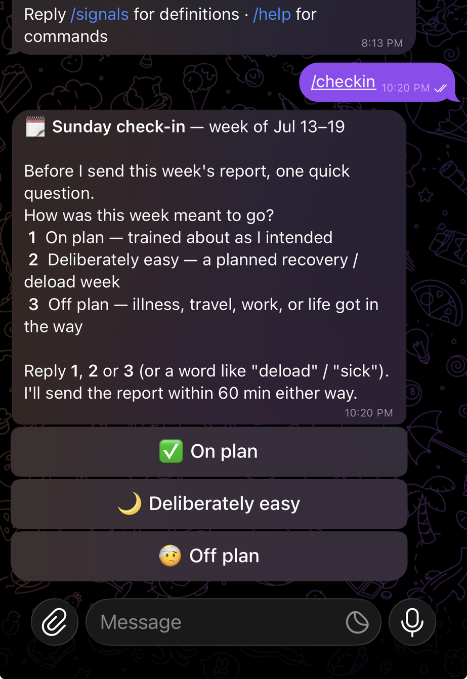 Telegram Sunday check-in asking how the week was meant to go, with buttons for On plan, Deliberately easy, and Off plan.